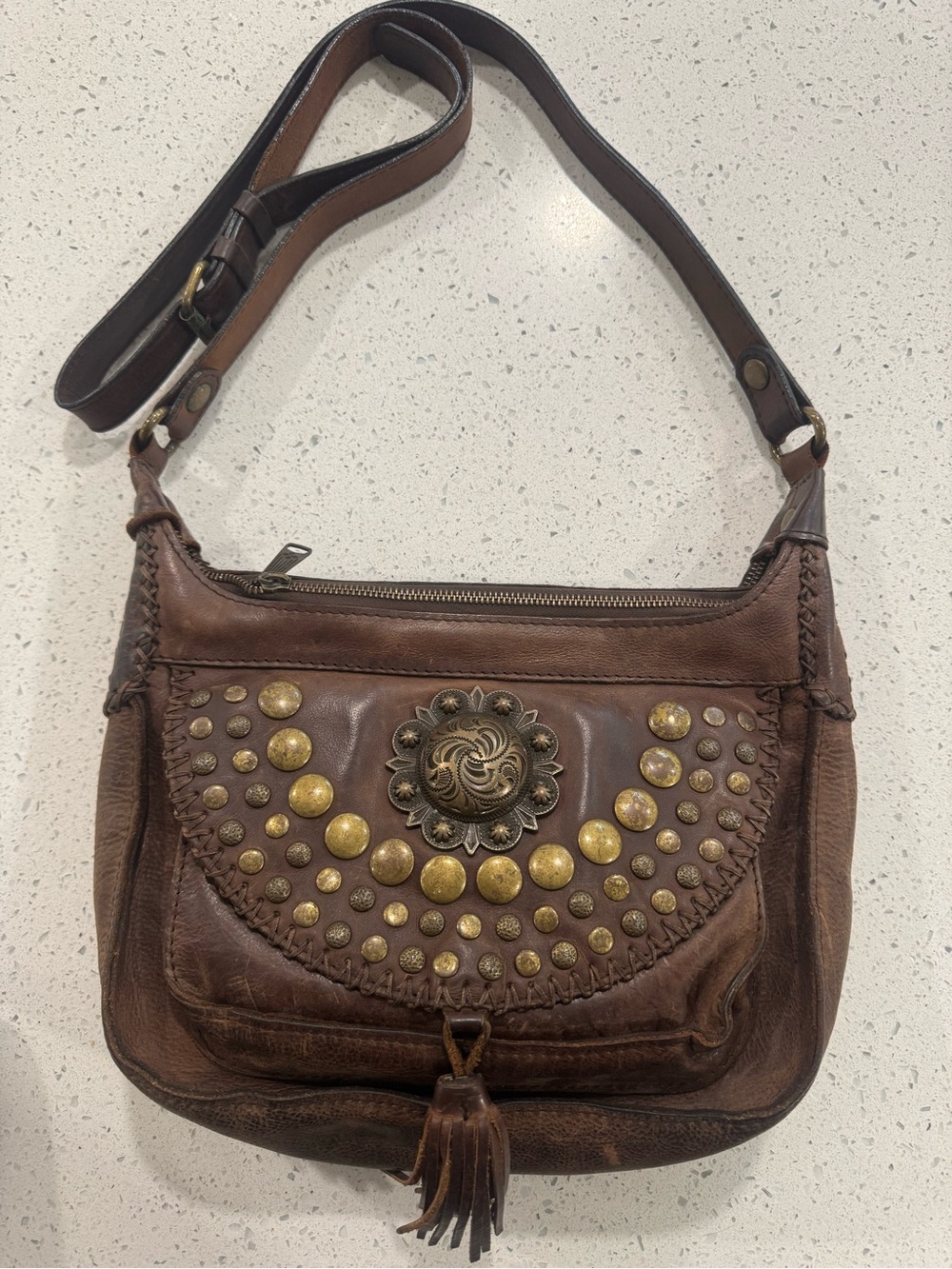 Patricia Nash Floral Embossed Leather Crossbody Bag Brown Studded Concho Tass